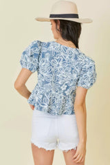 Denim Embroidered Crop Top With Front Tie Detail | Mixtshop LLC