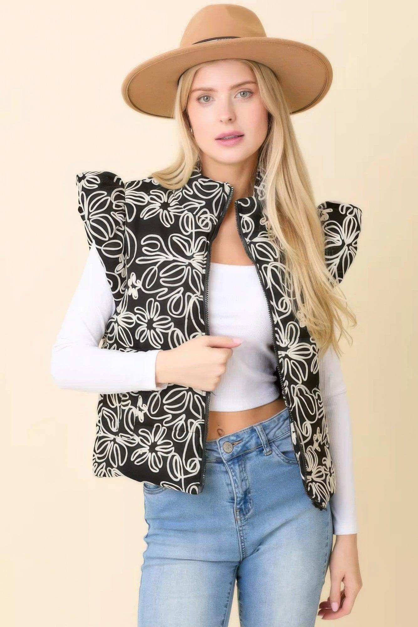 Floral Velvet Embroidered Denim Puffer Vest | Mixtshop LLC Main image