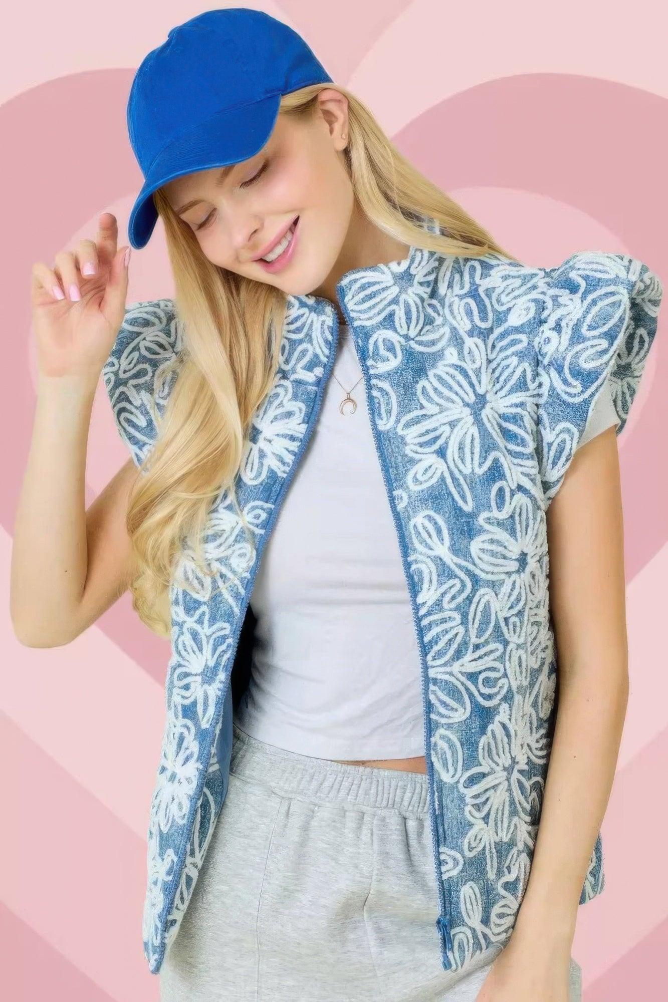 Floral Velvet Embroidered Denim Puffer Vest | Mixtshop LLC Main image