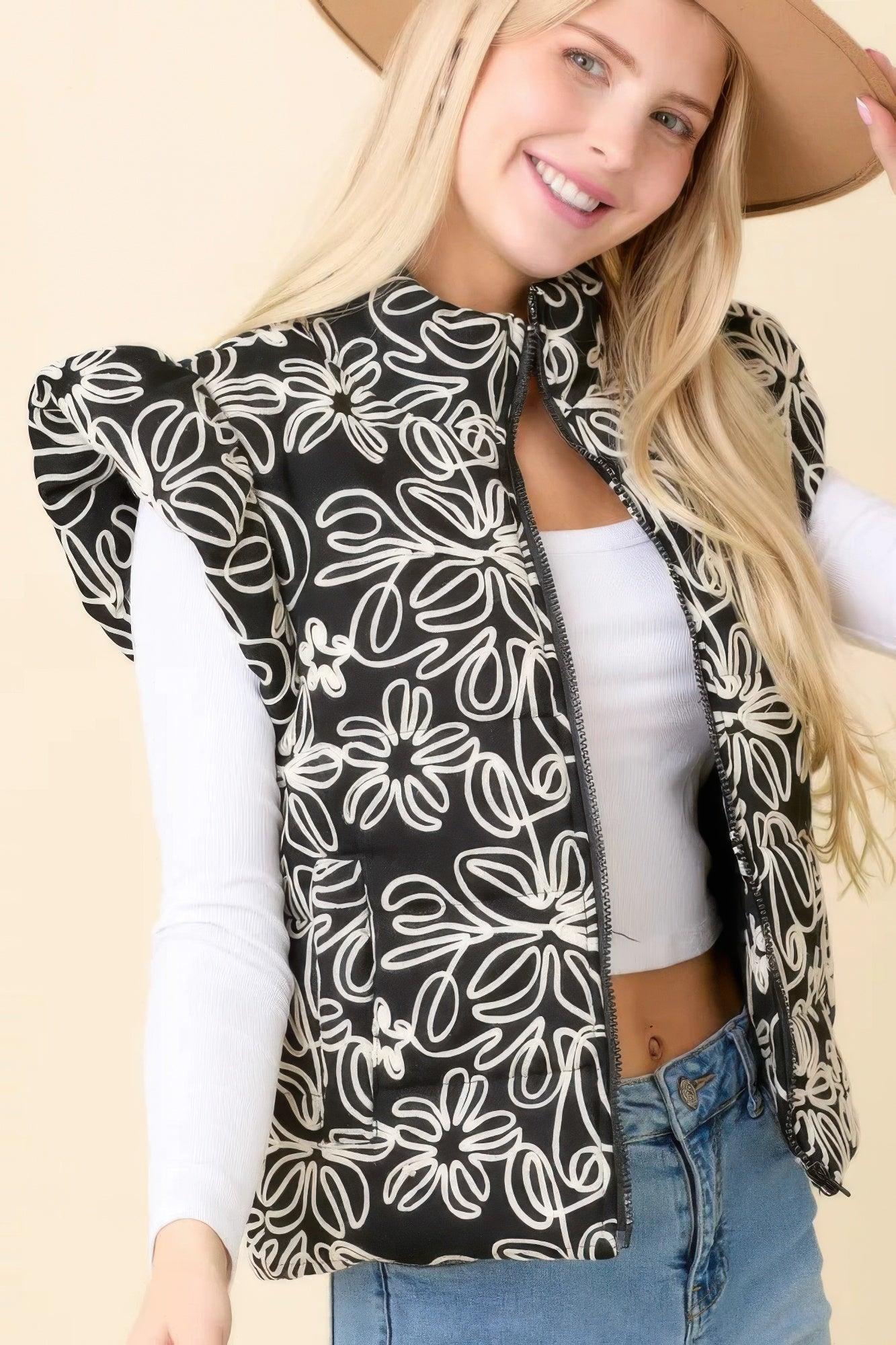 Floral Velvet Embroidered Denim Puffer Vest | Mixtshop LLC