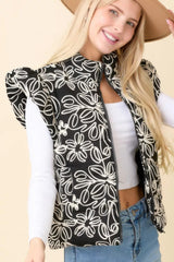 Floral Velvet Embroidered Denim Puffer Vest | Mixtshop LLC