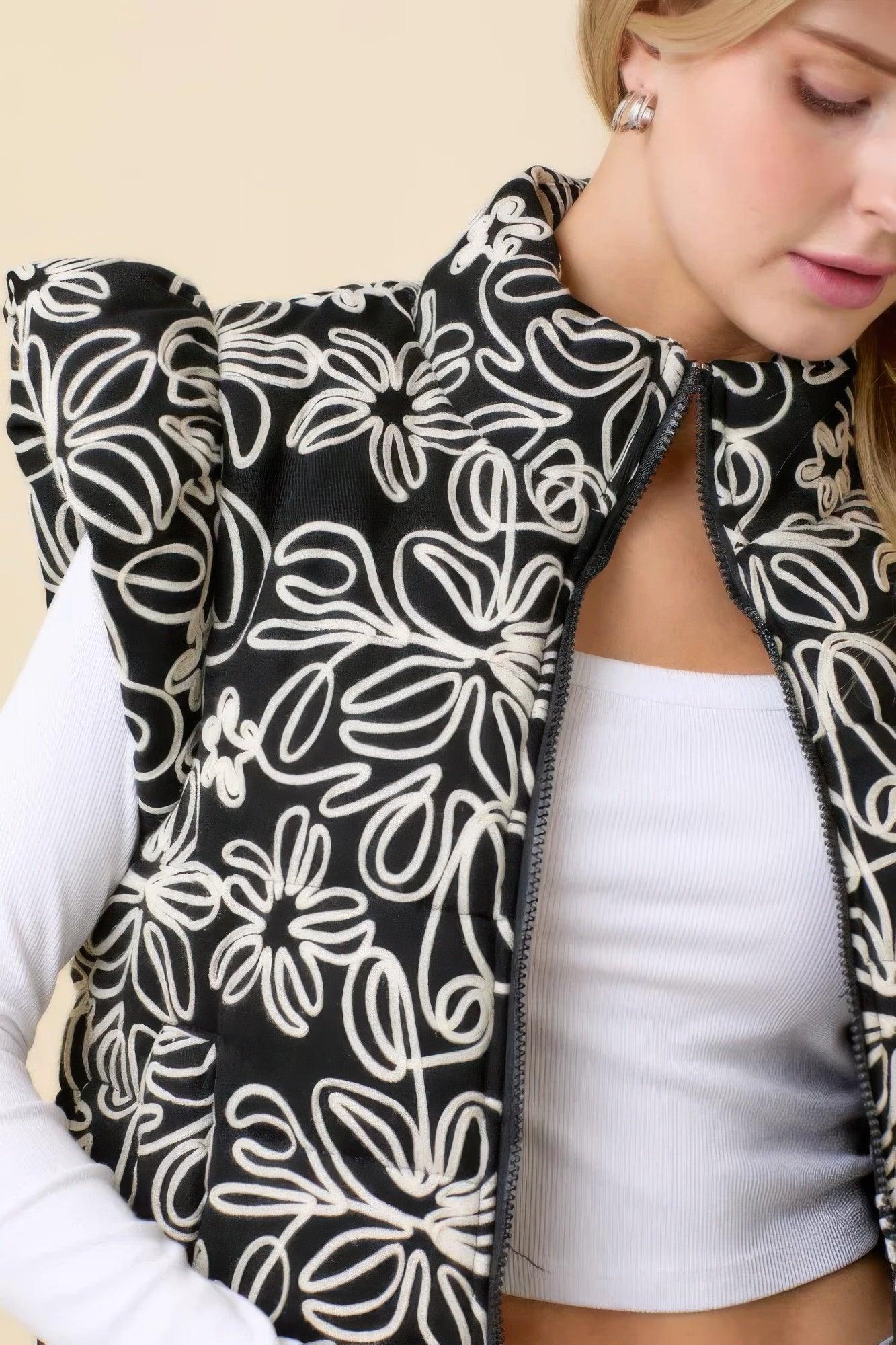 Floral Velvet Embroidered Denim Puffer Vest | Mixtshop LLC