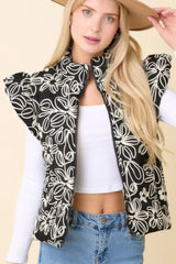 Floral Velvet Embroidered Denim Puffer Vest | Mixtshop LLC