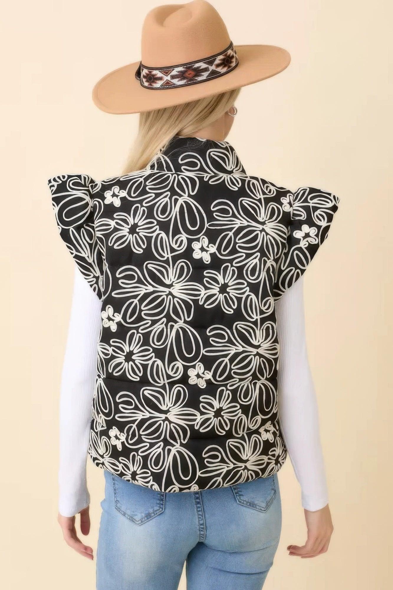 Floral Velvet Embroidered Denim Puffer Vest | Mixtshop LLC