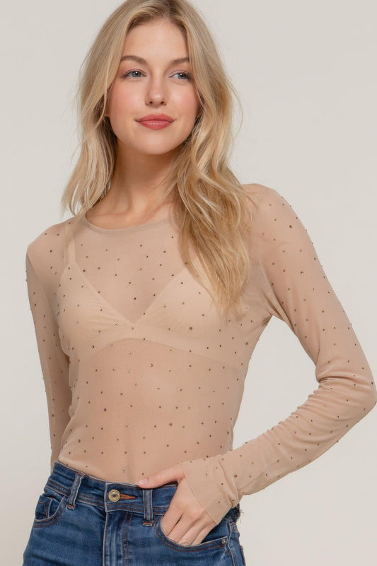 Long Slv Mesh W/rhinestone Top | Mixtshop LLC