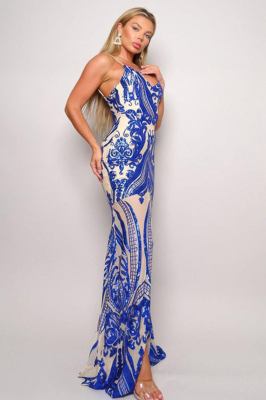 Spaghetti Strap Art Deco Sequins Maxi Dress | Mixtshop LLC