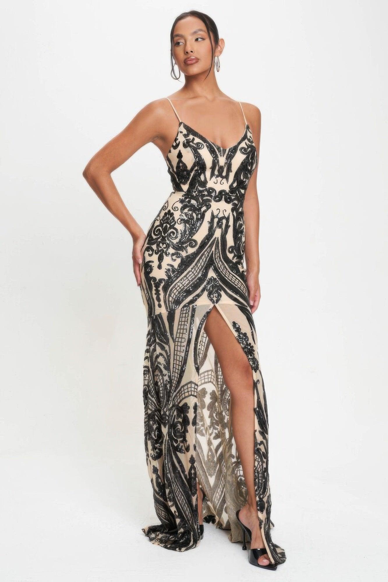 Spaghetti Strap Art Deco Sequins Maxi Dress | Mixtshop LLC