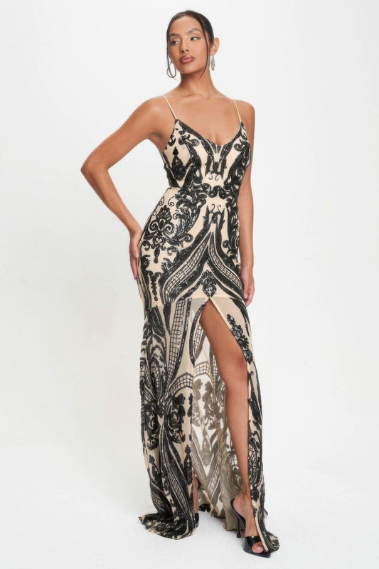 Spaghetti Strap Art Deco Sequins Maxi Dress | Mixtshop LLC