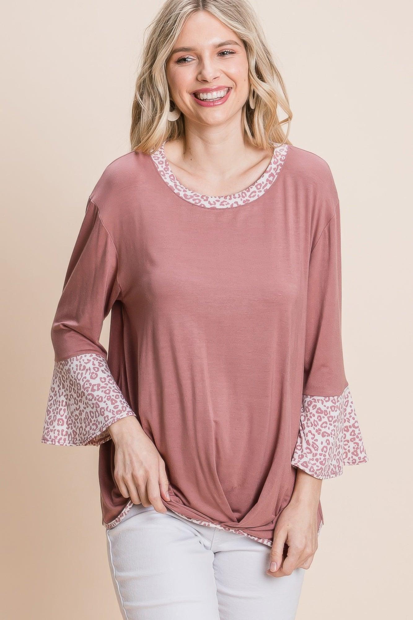 Animal Print Contrast Bell Sleeves Fashion Top With Gathered Front Hem | Mixtshop LLC Main image