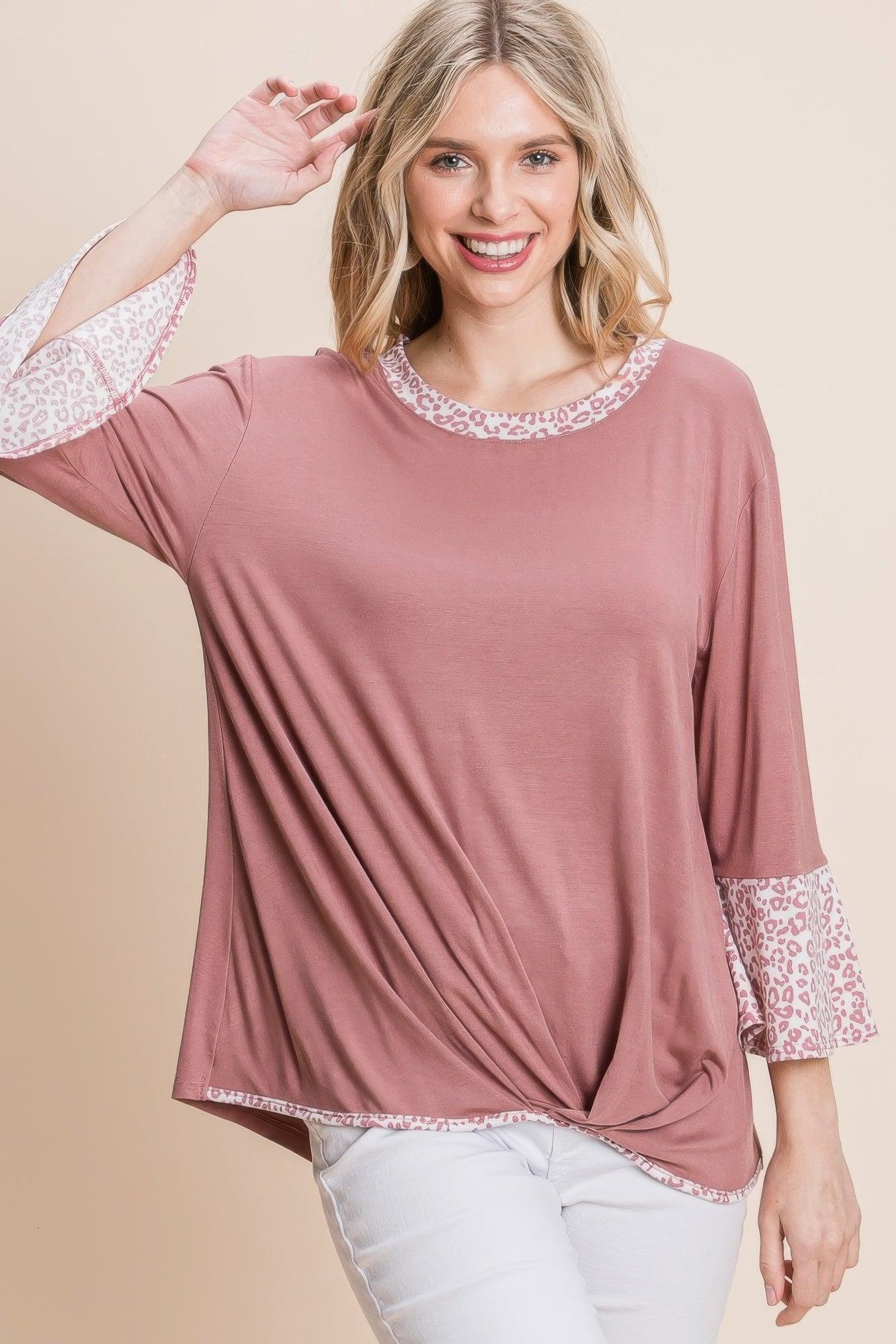 Animal Print Contrast Bell Sleeves Fashion Top With Gathered Front Hem Secondary image