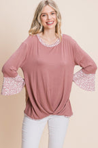 Animal Print Contrast Bell Sleeves Fashion Top With Gathered Front Hem | Mixtshop LLC