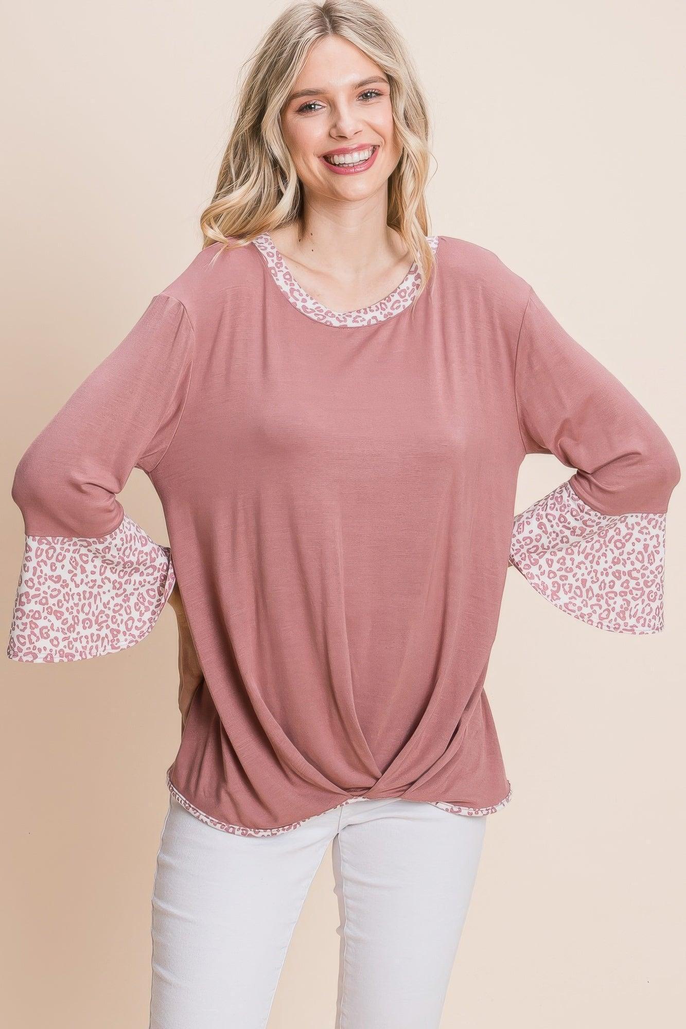 Animal Print Contrast Bell Sleeves Fashion Top With Gathered Front Hem | Mixtshop LLC