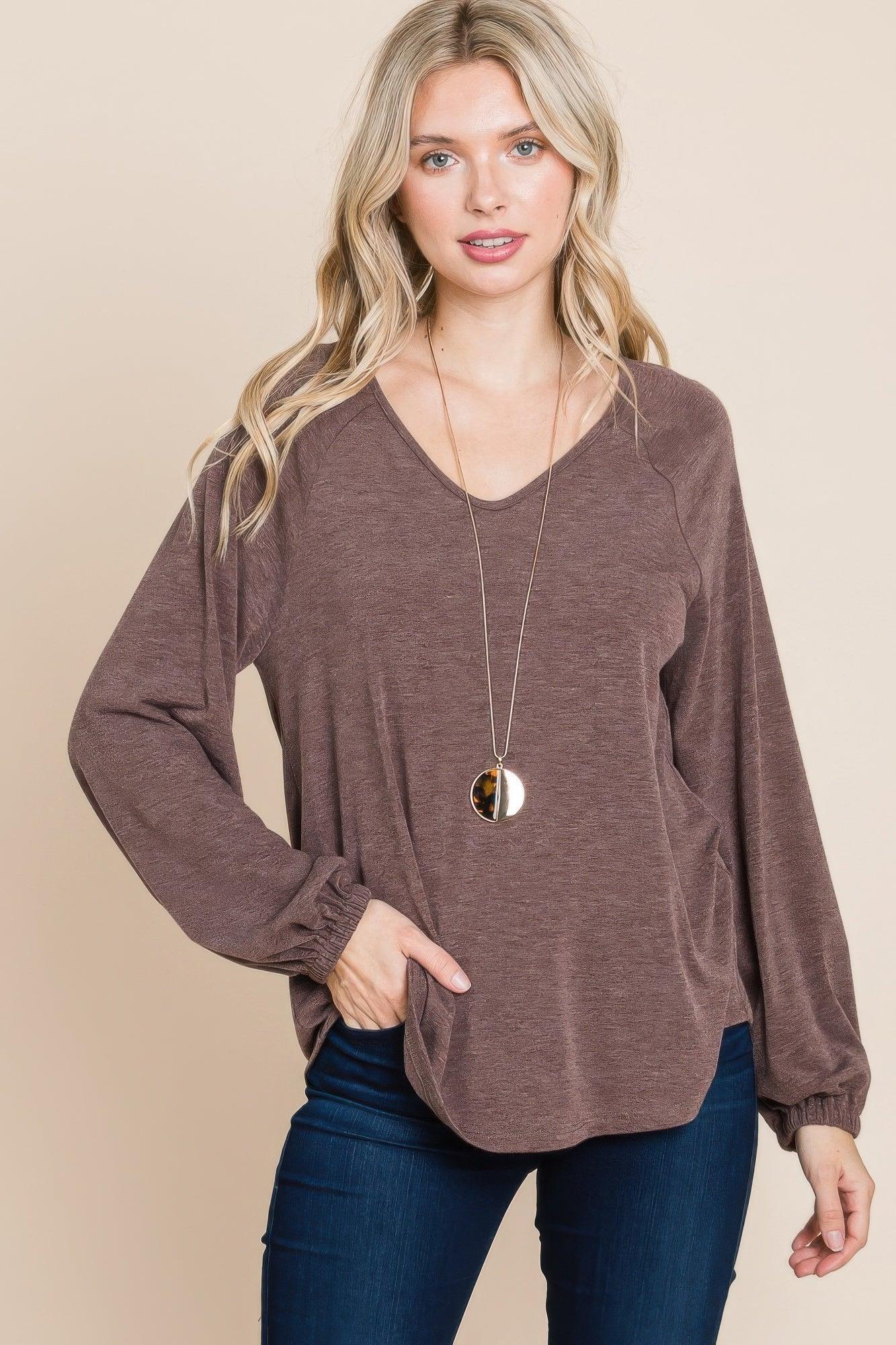 Casual V Neck Basic Long Sleeve Top | Mixtshop LLC Main image