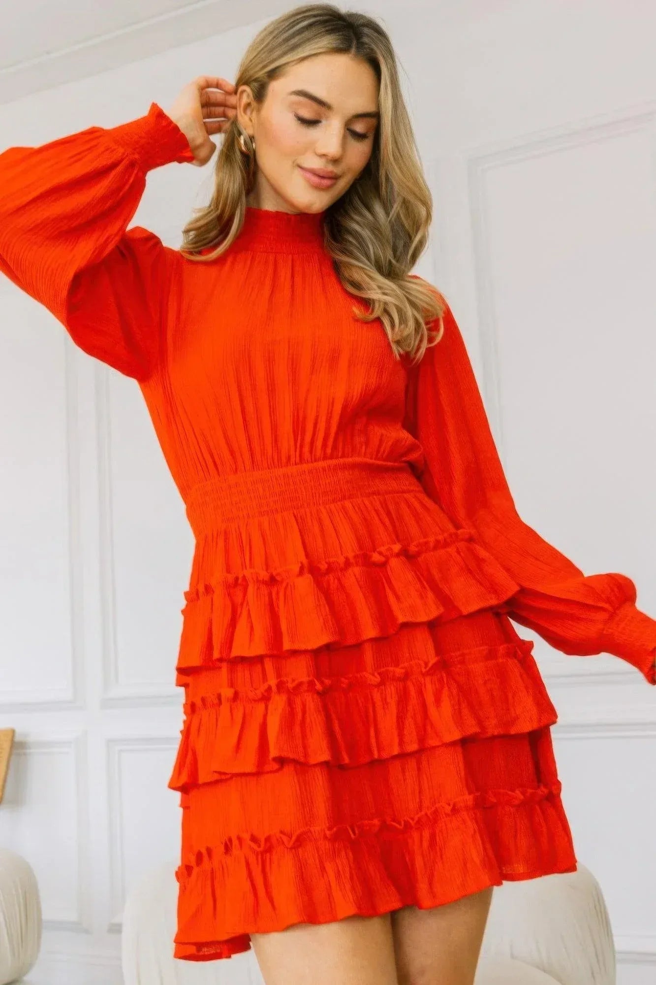 Long Sleeve Smocked Neck Tiered Ruffle Mini Dress | Mixtshop LLC