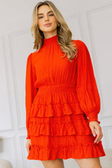 Long Sleeve Smocked Neck Tiered Ruffle Mini Dress | Mixtshop LLC