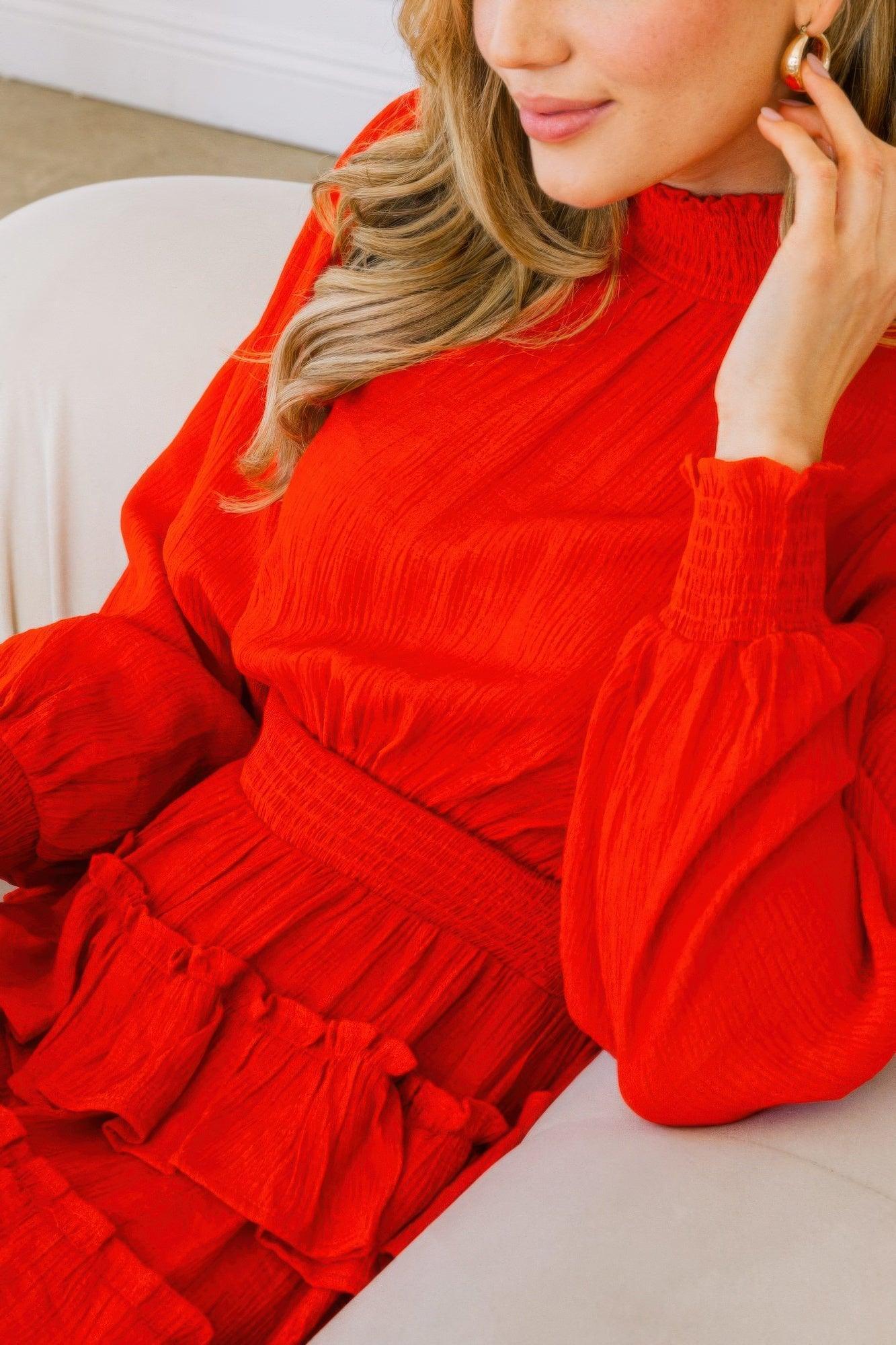 Long Sleeve Smocked Neck Tiered Ruffle Mini Dress | Mixtshop LLC