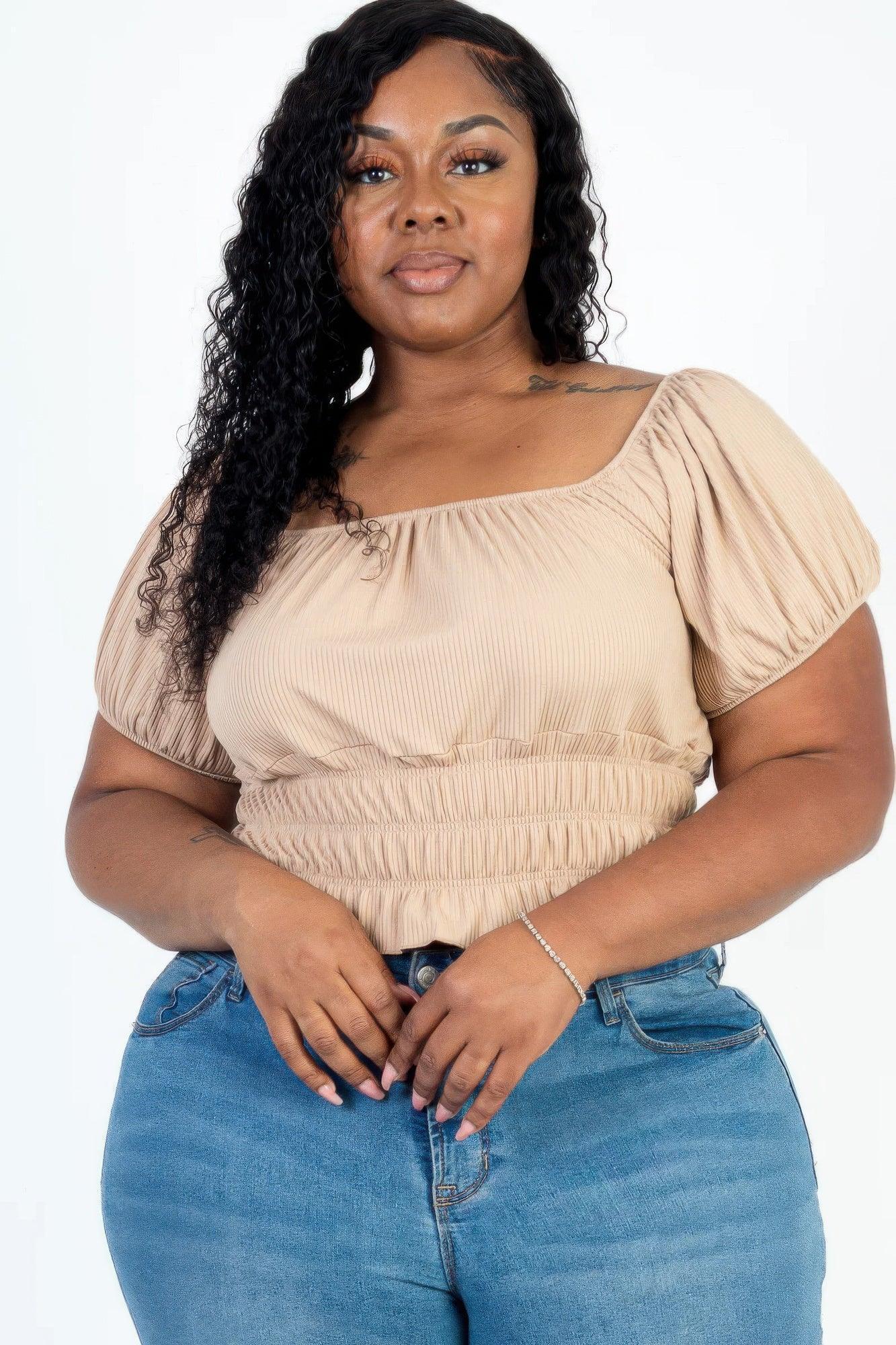 Plus size casual ruched puff sleeve ribbed knit solid top | Mixtshop LLC Main image