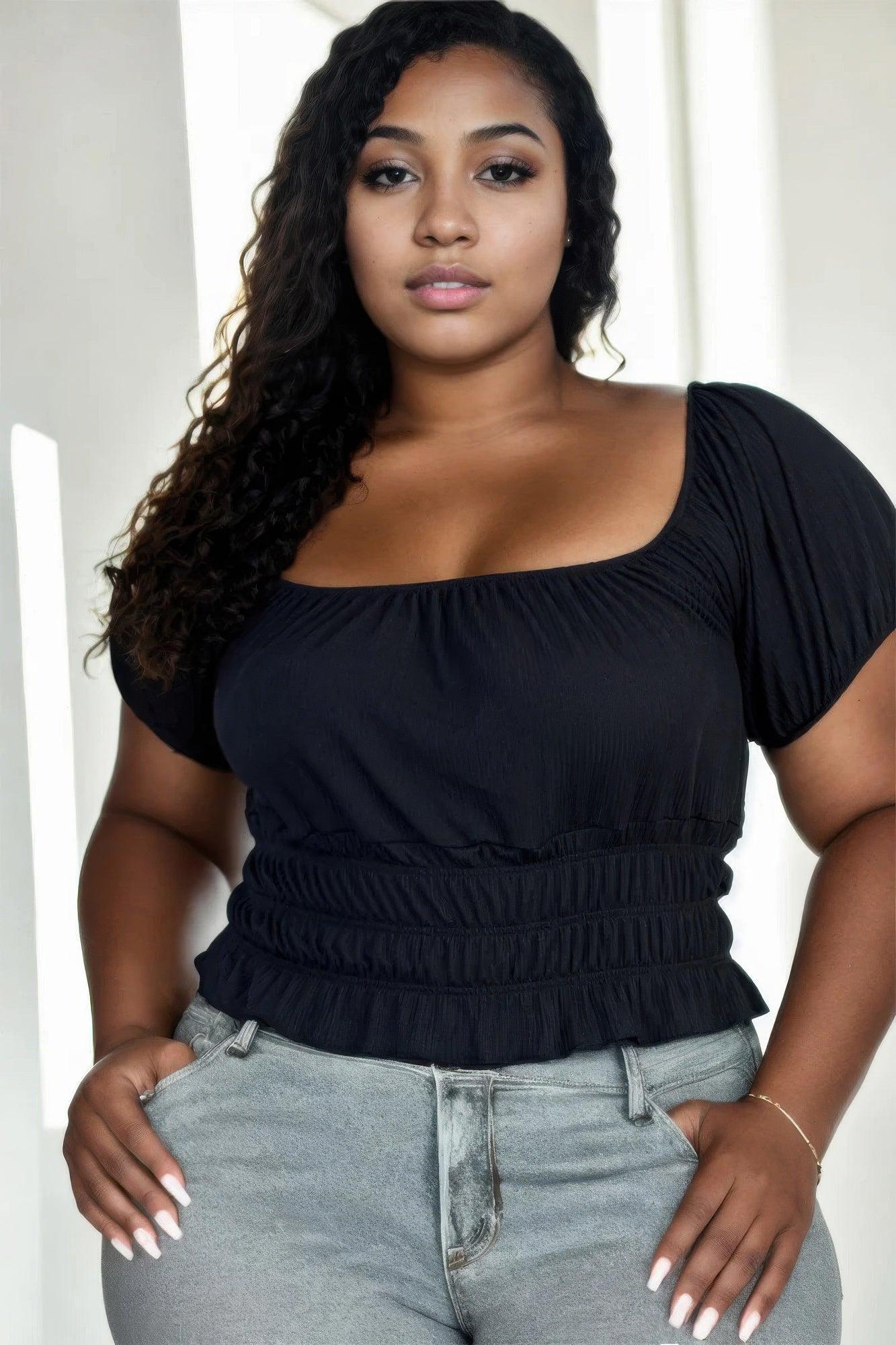 Plus size casual ruched puff sleeve ribbed knit solid top | Mixtshop LLC Main image