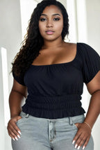 Plus size casual ruched puff sleeve ribbed knit solid top | Mixtshop LLC