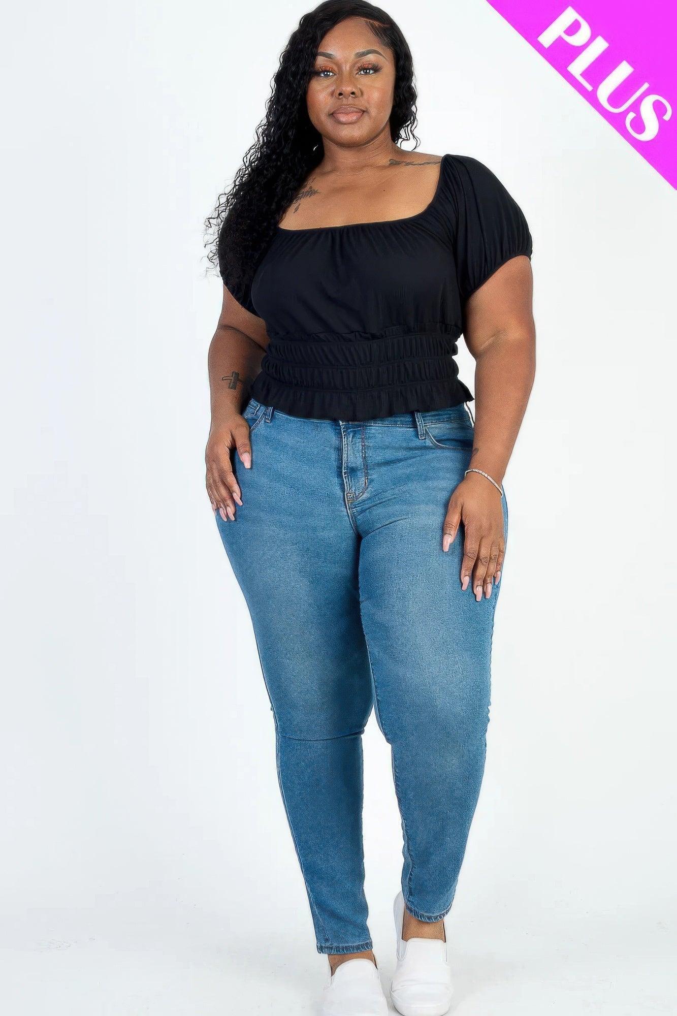 Plus size casual ruched puff sleeve ribbed knit solid top Secondary image