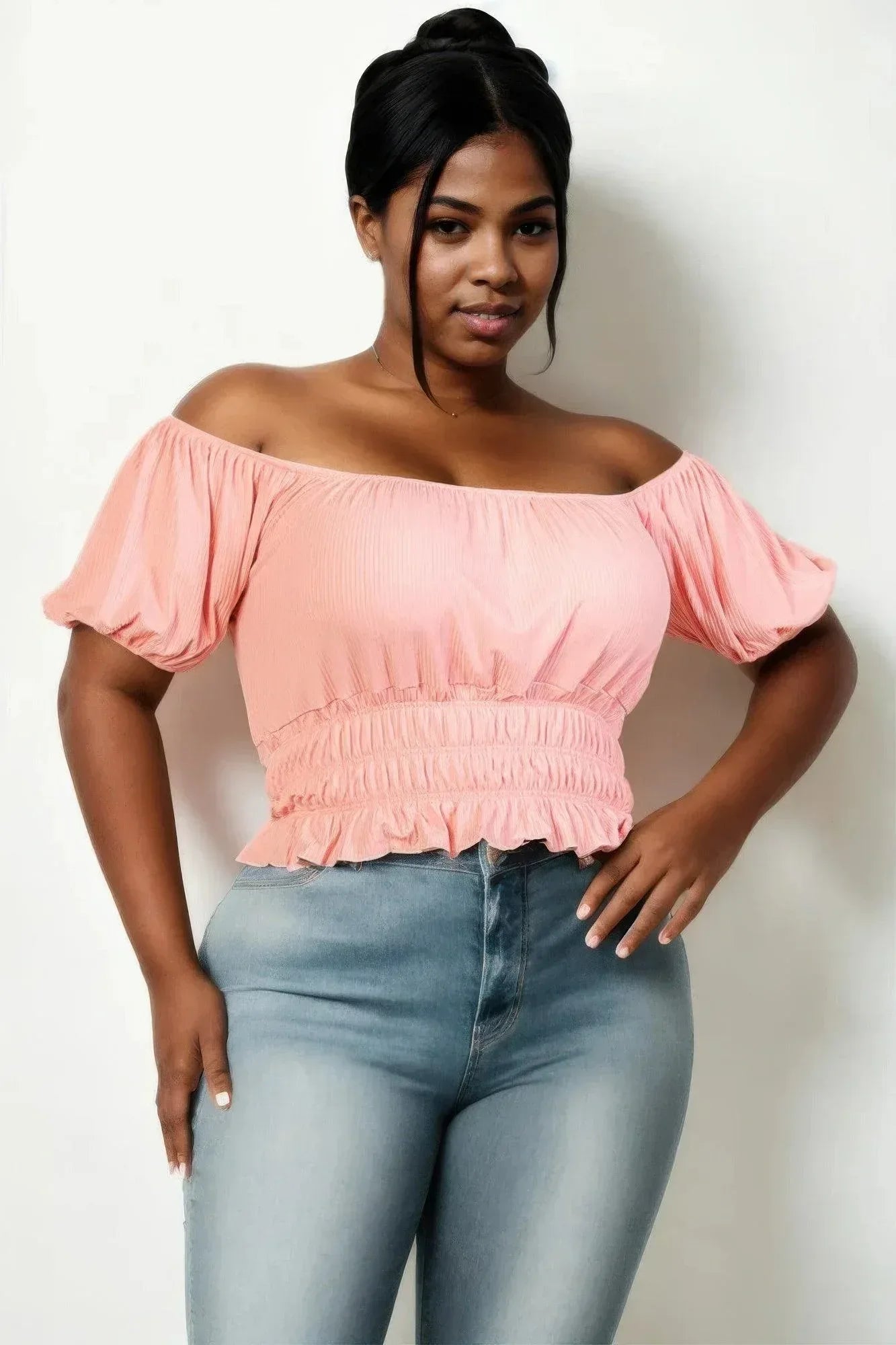 Plus size casual ruched puff sleeve ribbed knit solid top | Mixtshop LLC Main image