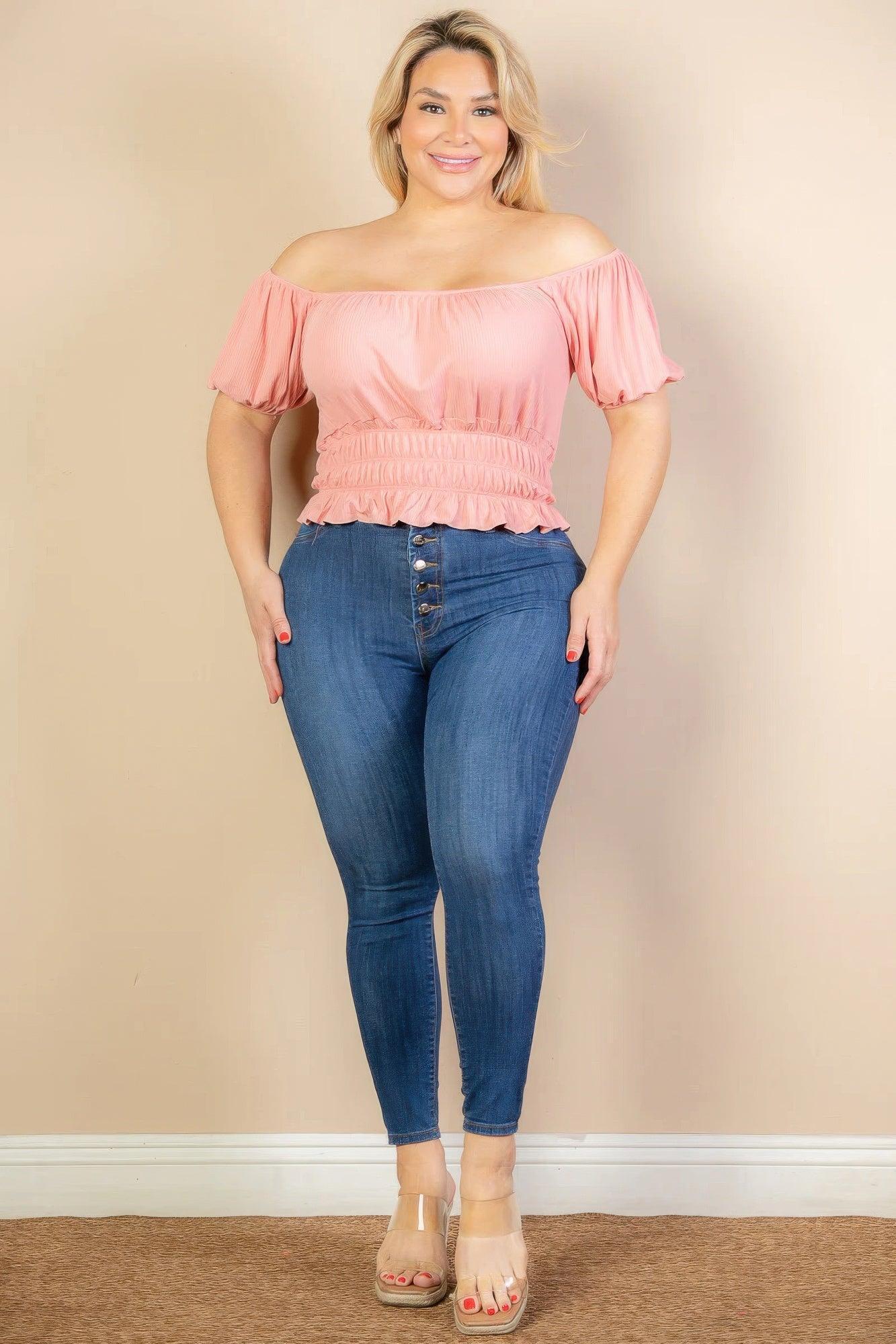 Plus size casual ruched puff sleeve ribbed knit solid top | Mixtshop LLC