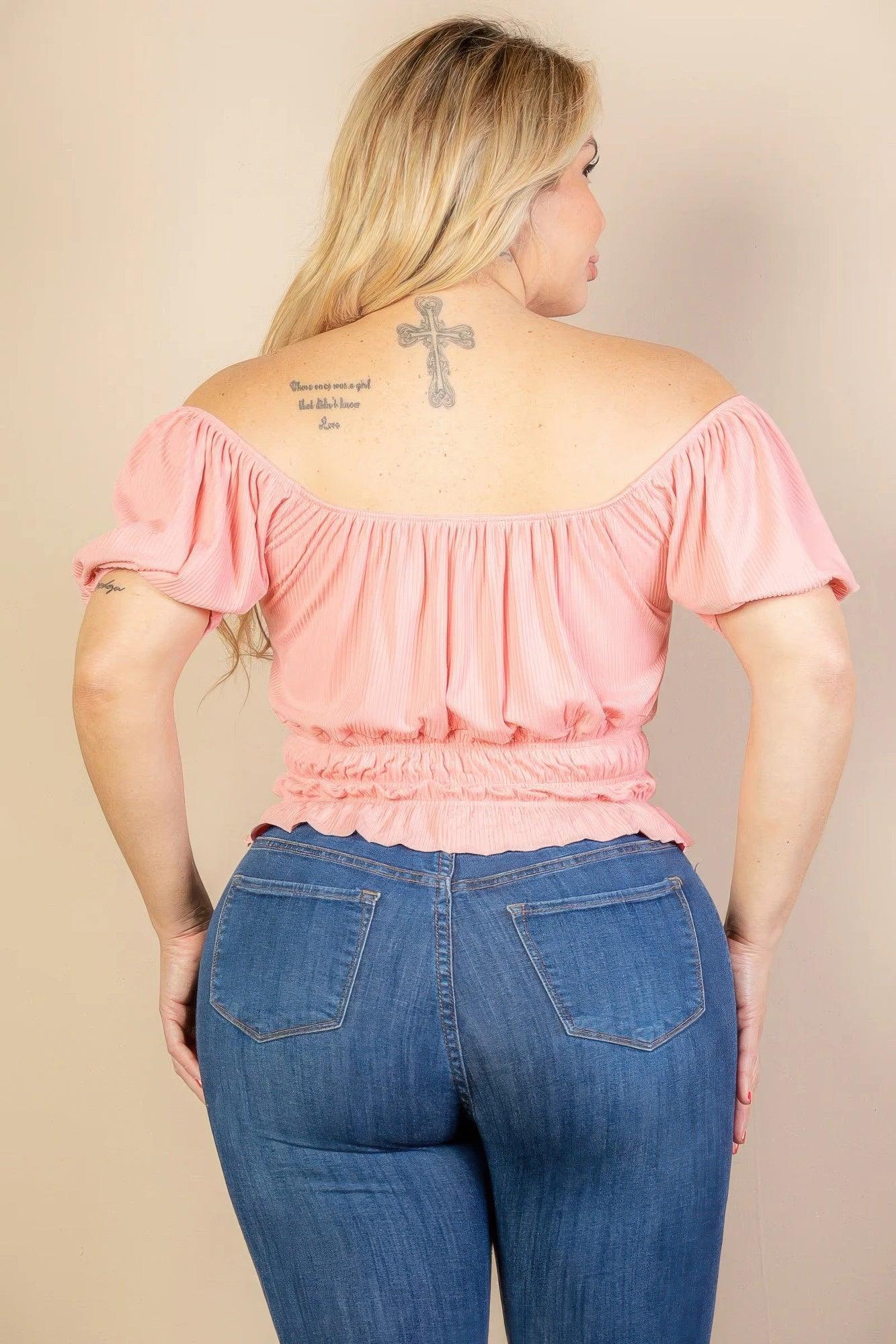 Plus size casual ruched puff sleeve ribbed knit solid top | Mixtshop LLC