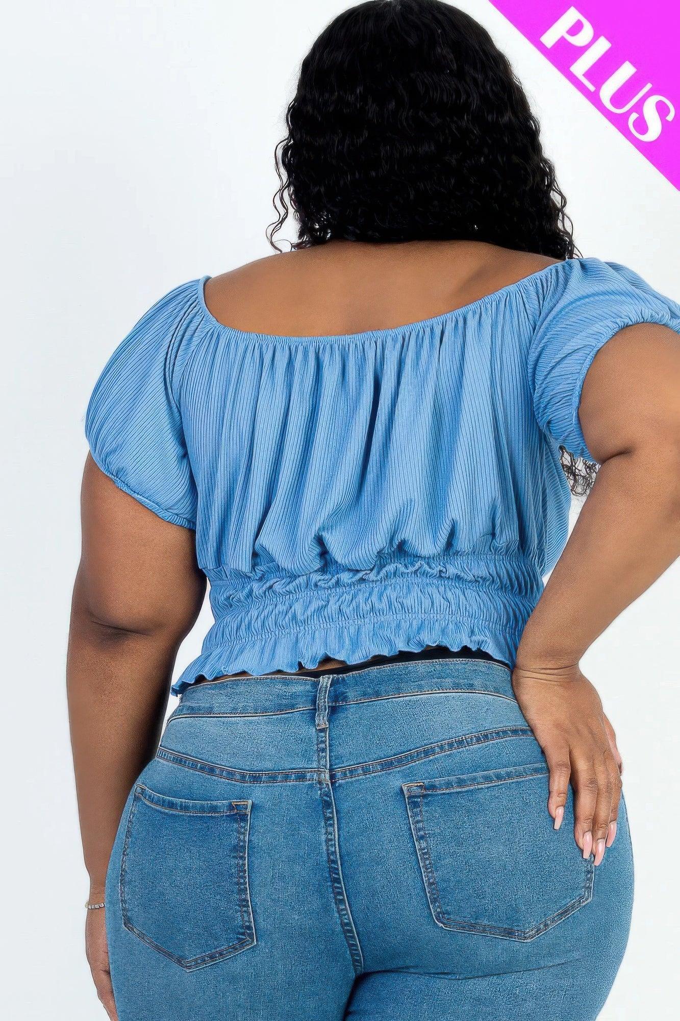 Plus size casual ruched puff sleeve ribbed knit solid top | Mixtshop LLC