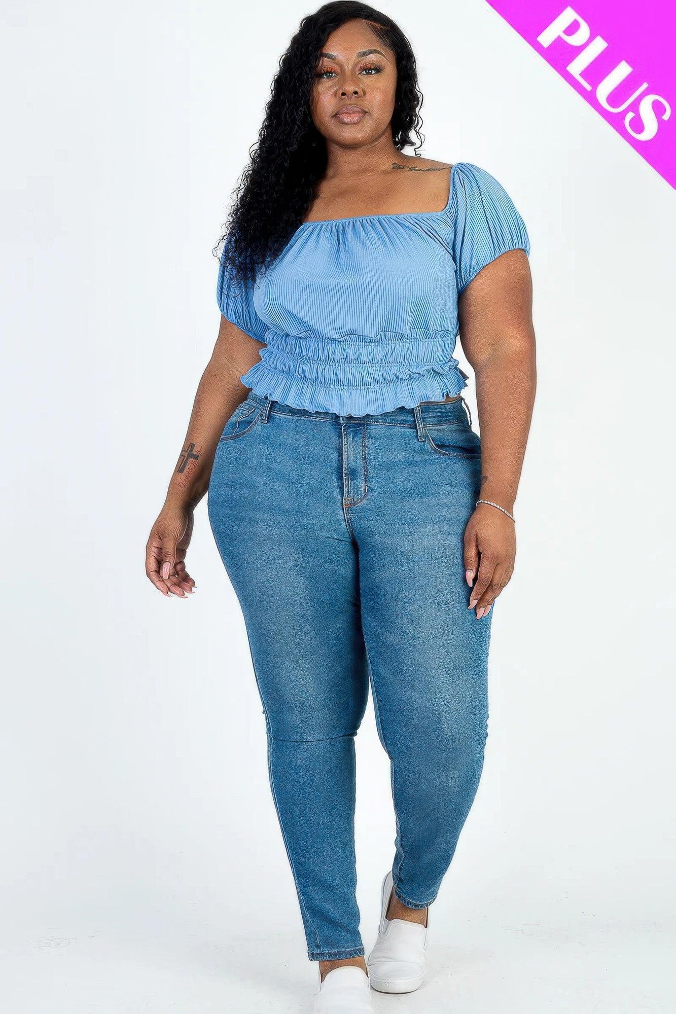 Plus size casual ruched puff sleeve ribbed knit solid top Secondary image