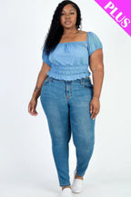 Plus size casual ruched puff sleeve ribbed knit solid top | Mixtshop LLC