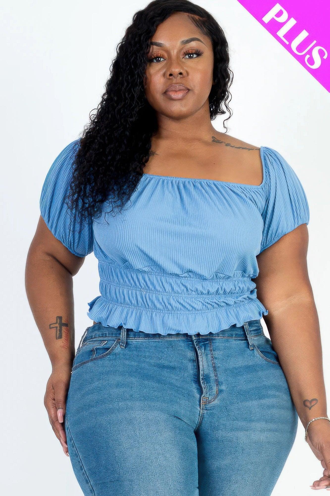 Plus size casual ruched puff sleeve ribbed knit solid top | Mixtshop LLC Main image