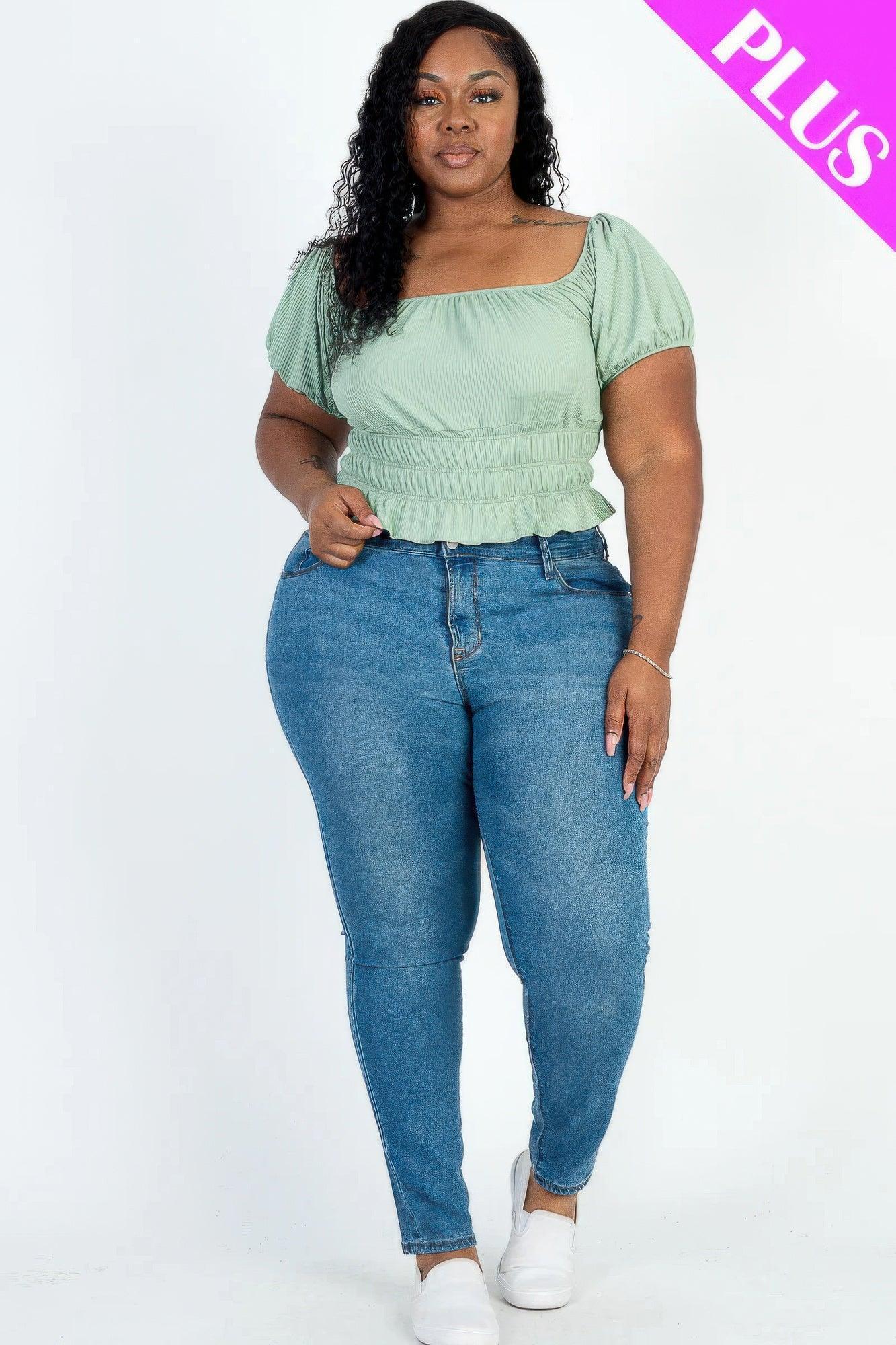 Plus size casual ruched puff sleeve ribbed knit solid top | Mixtshop LLC