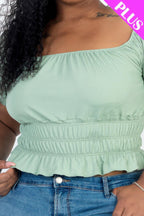 Plus size casual ruched puff sleeve ribbed knit solid top | Mixtshop LLC