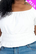 Plus size casual ruched puff sleeve ribbed knit solid top | Mixtshop LLC