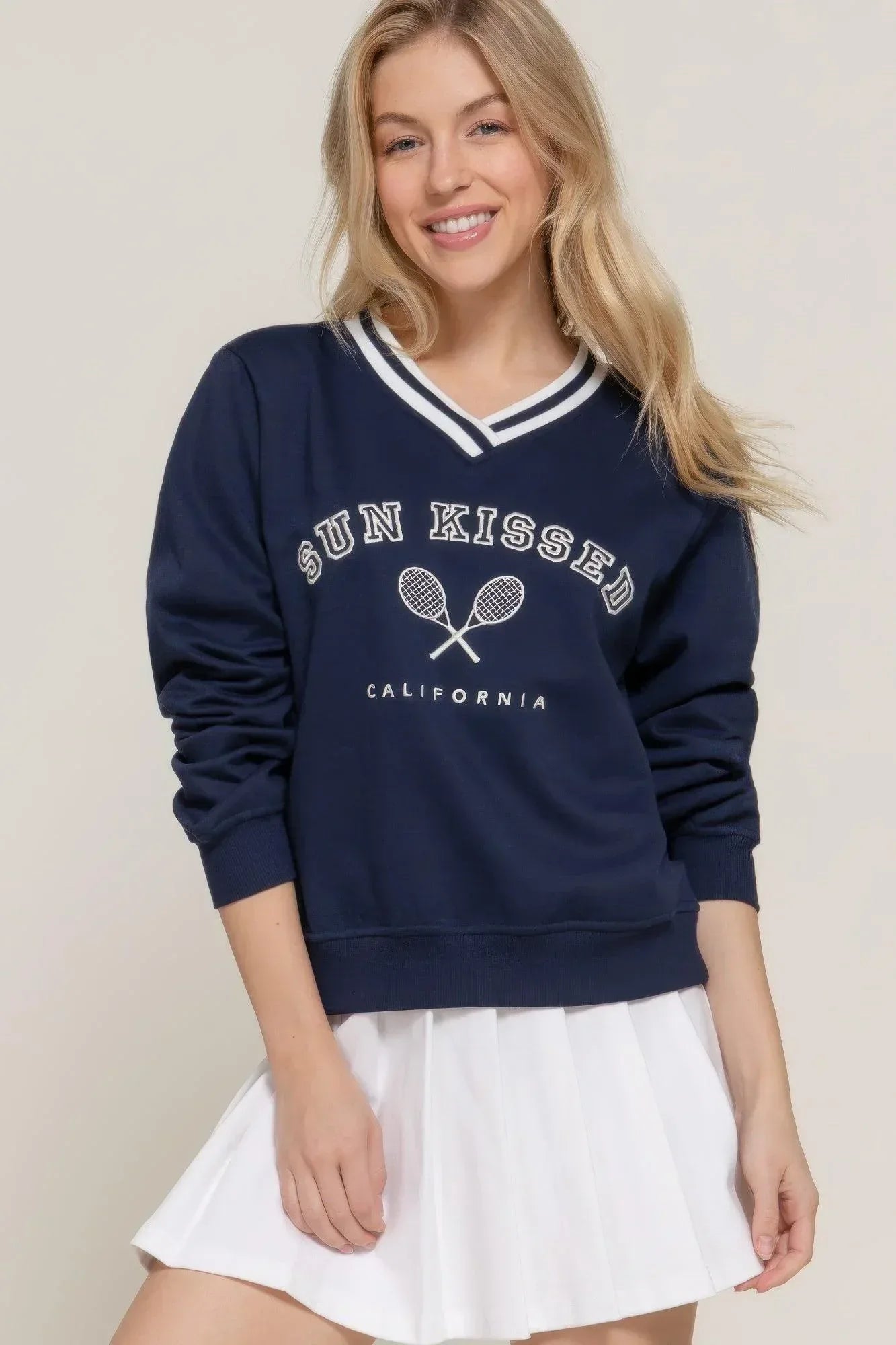 Long slv v-neck embroidered sweatshirt | Mixtshop LLC Main image