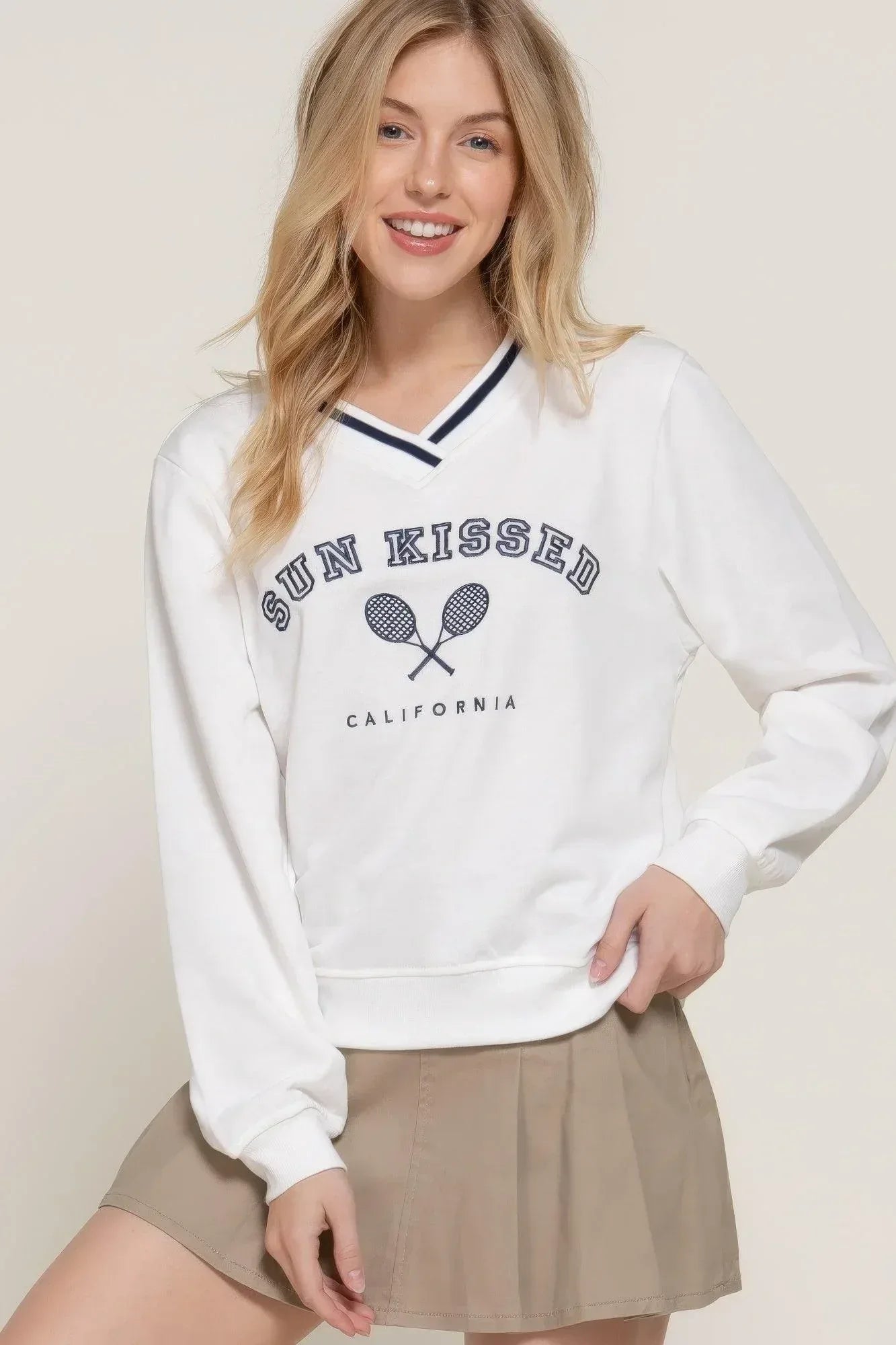 Long slv v-neck embroidered sweatshirt | Mixtshop LLC Main image