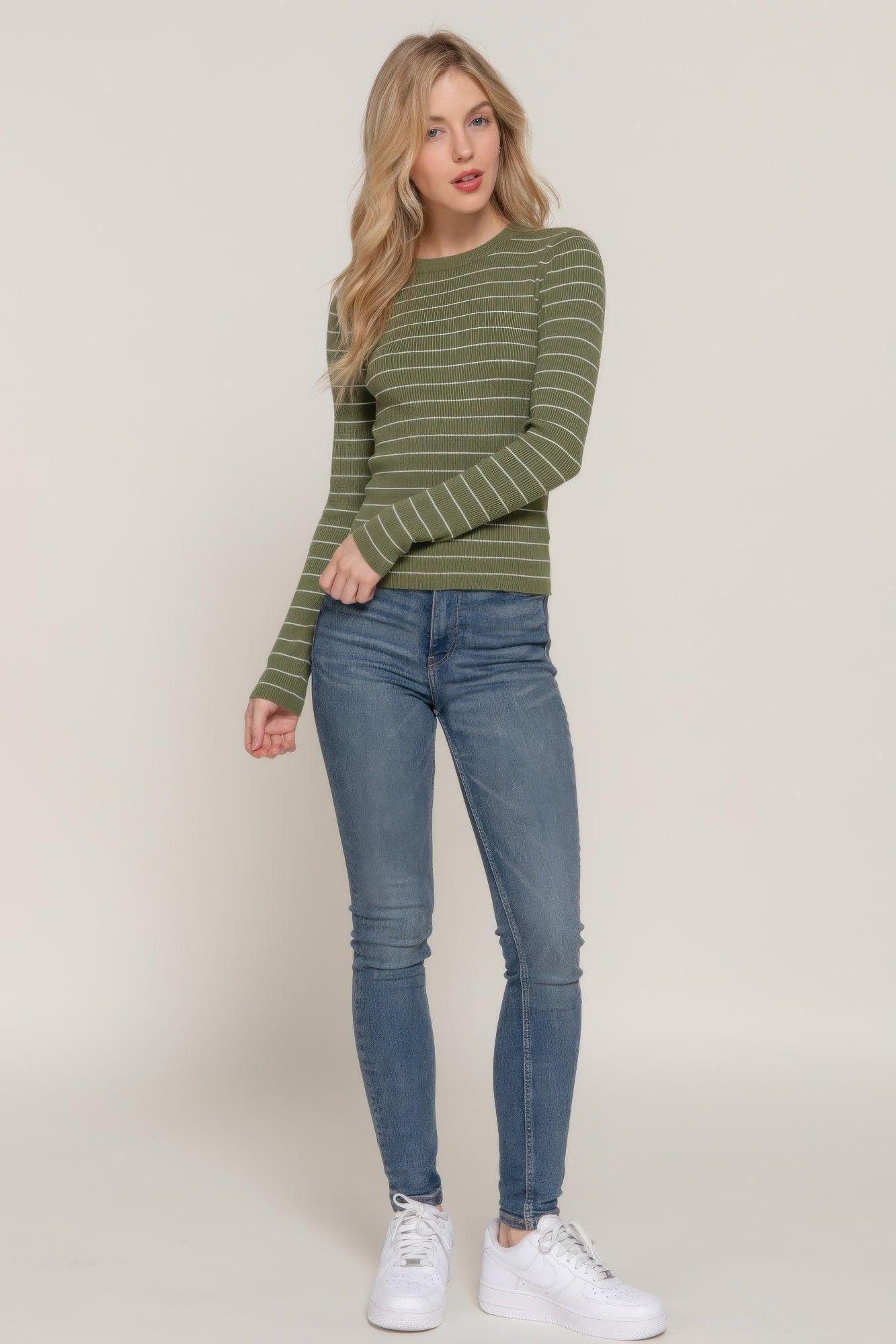Long slv crew neck stripe sweater | Mixtshop LLC