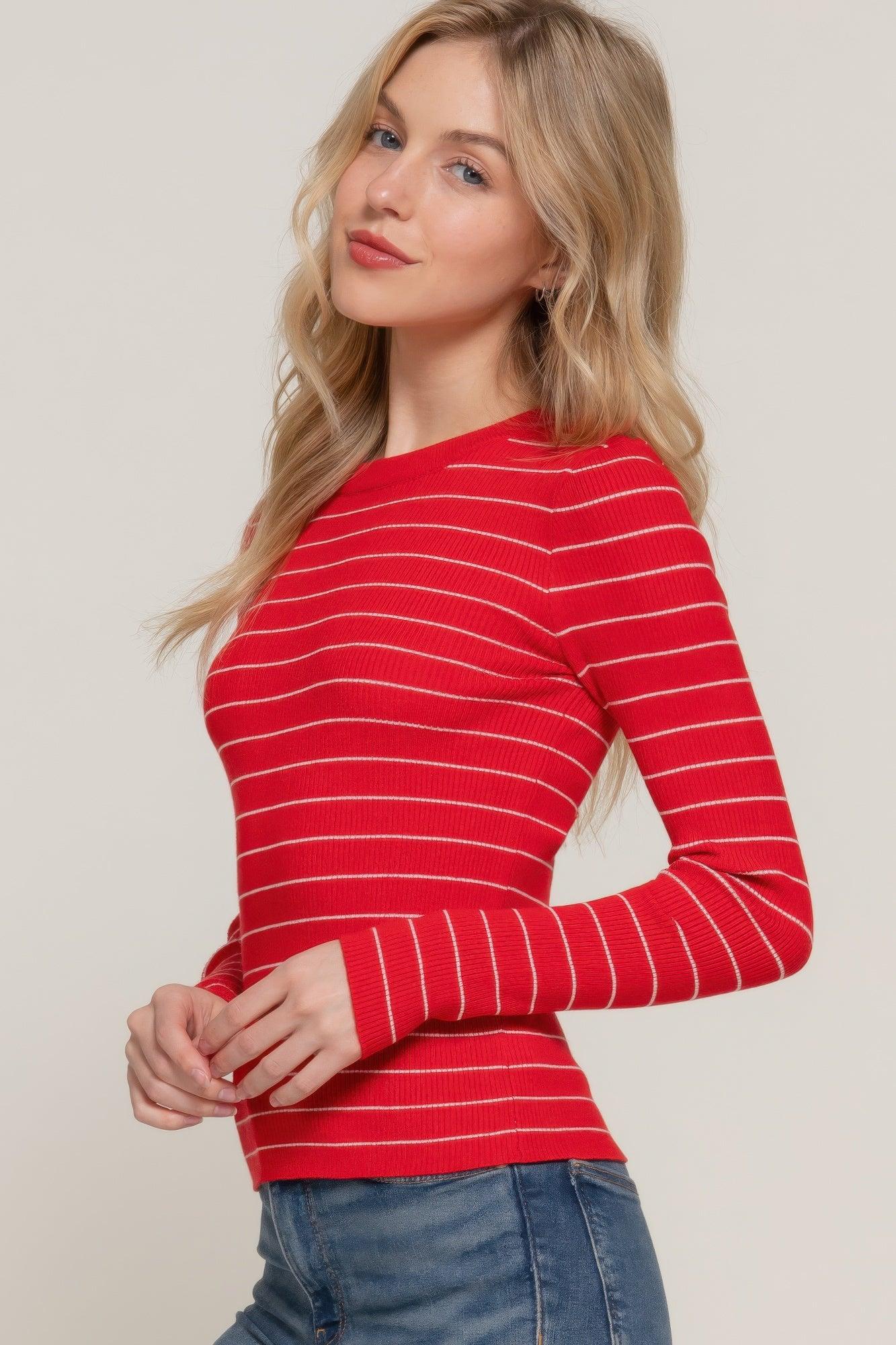 Long slv crew neck stripe sweater | Mixtshop LLC