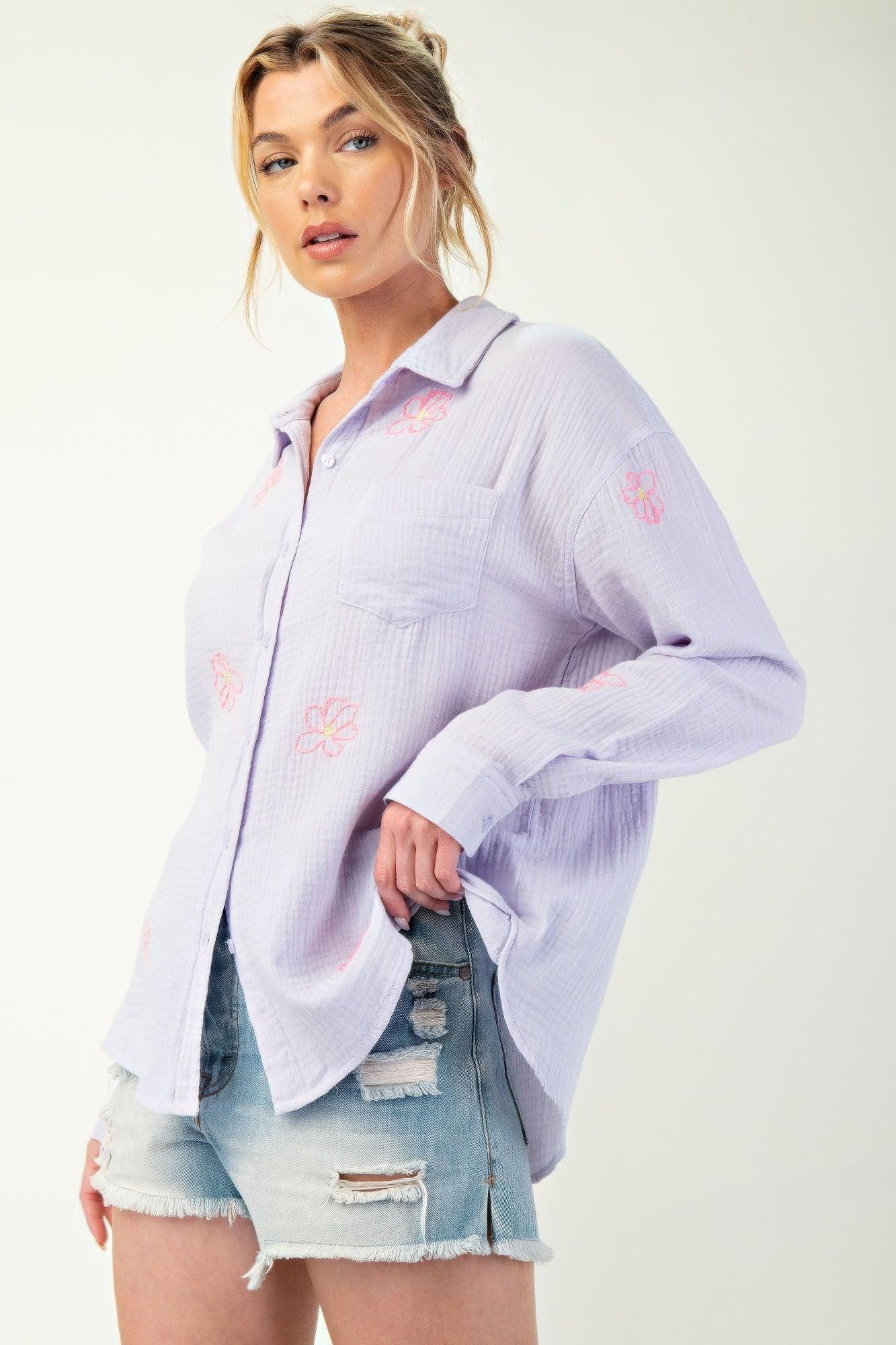 Embo detailed cotton gauze button down shirt | Mixtshop LLC