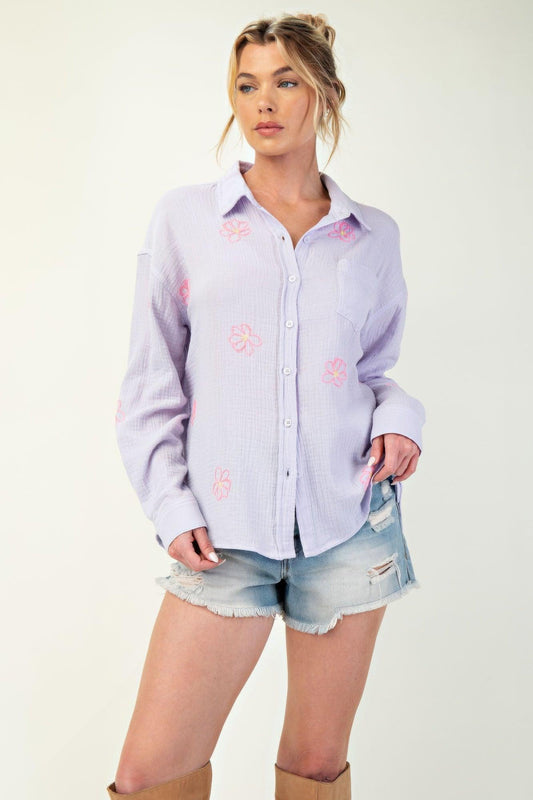 Embo detailed cotton gauze button down shirt | Mixtshop LLC