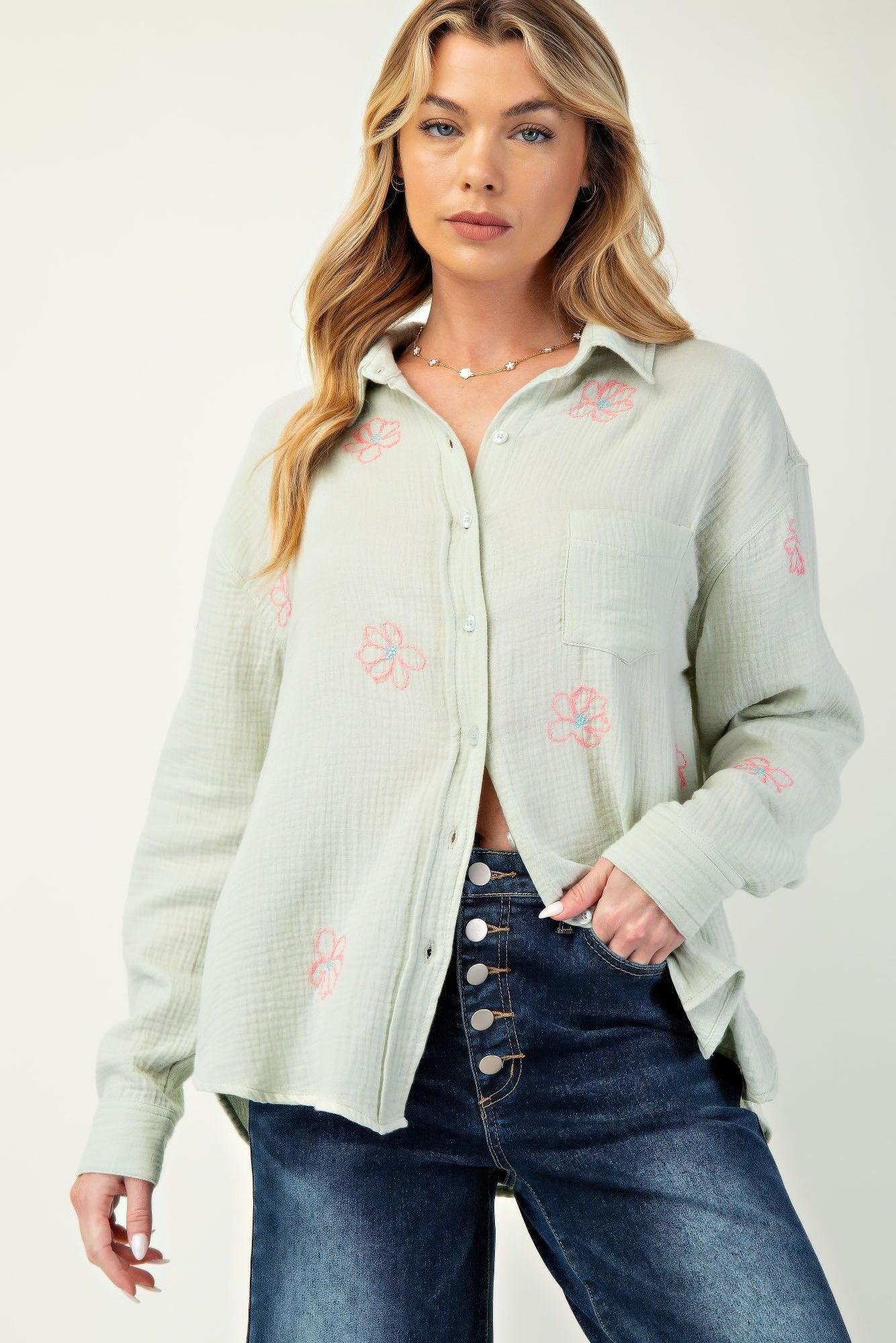 Embo detailed cotton gauze button down shirt | Mixtshop LLC Main image