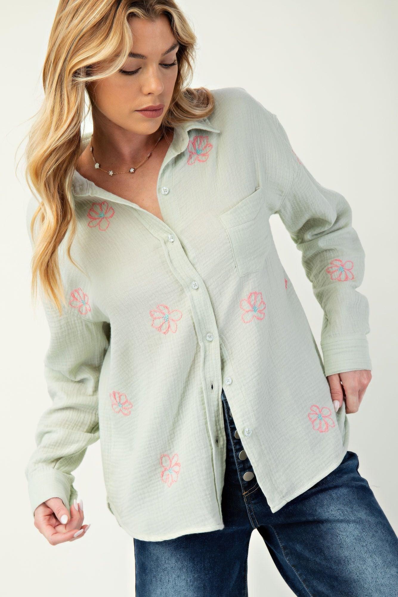 Embo detailed cotton gauze button down shirt | Mixtshop LLC