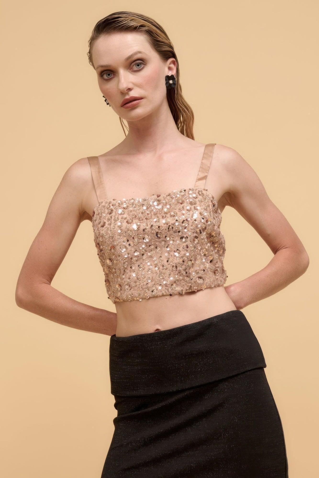 Floral sequins straight neck crop top | Mixtshop LLC Main image