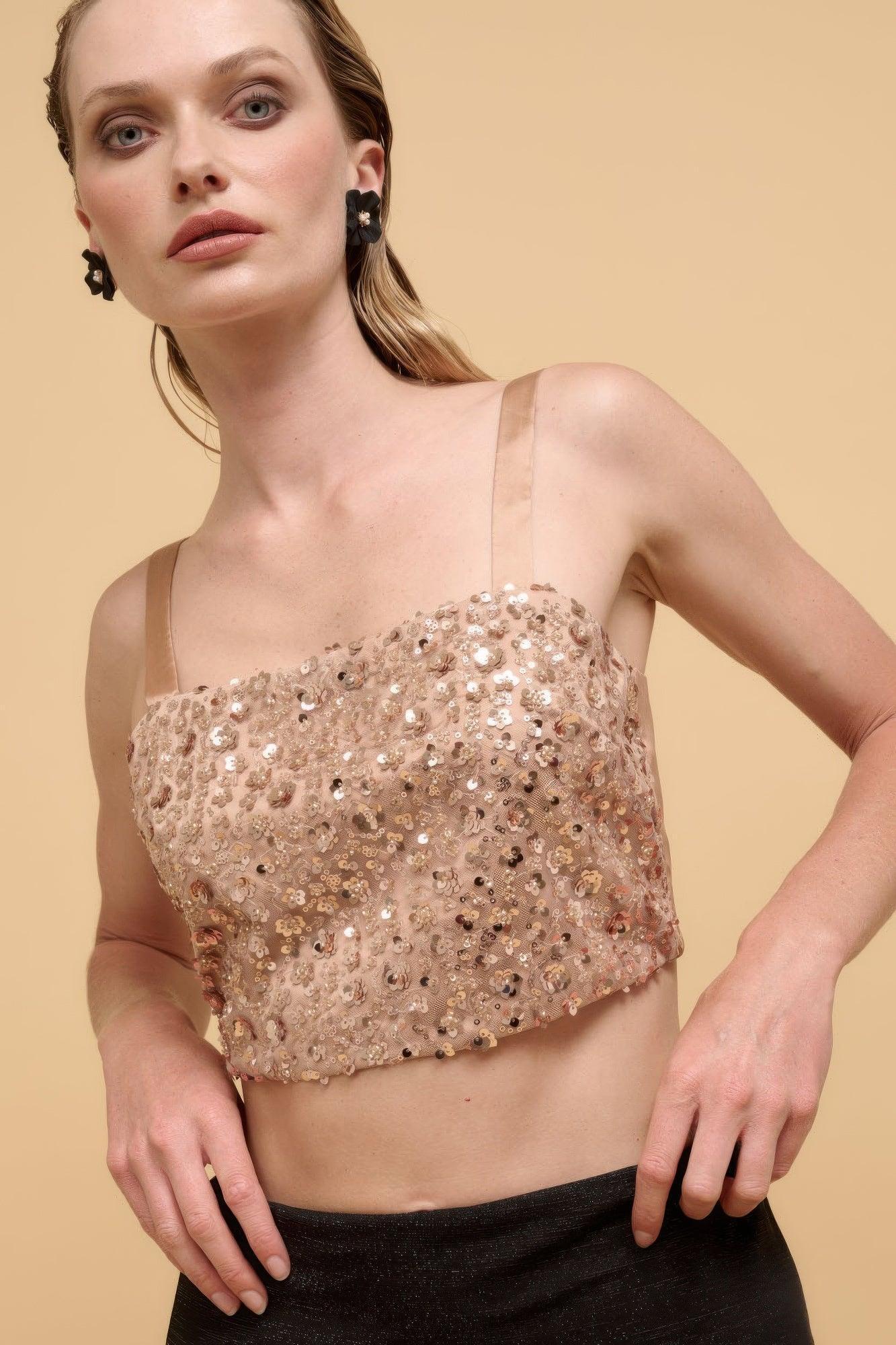 Floral sequins straight neck crop top | Mixtshop LLC