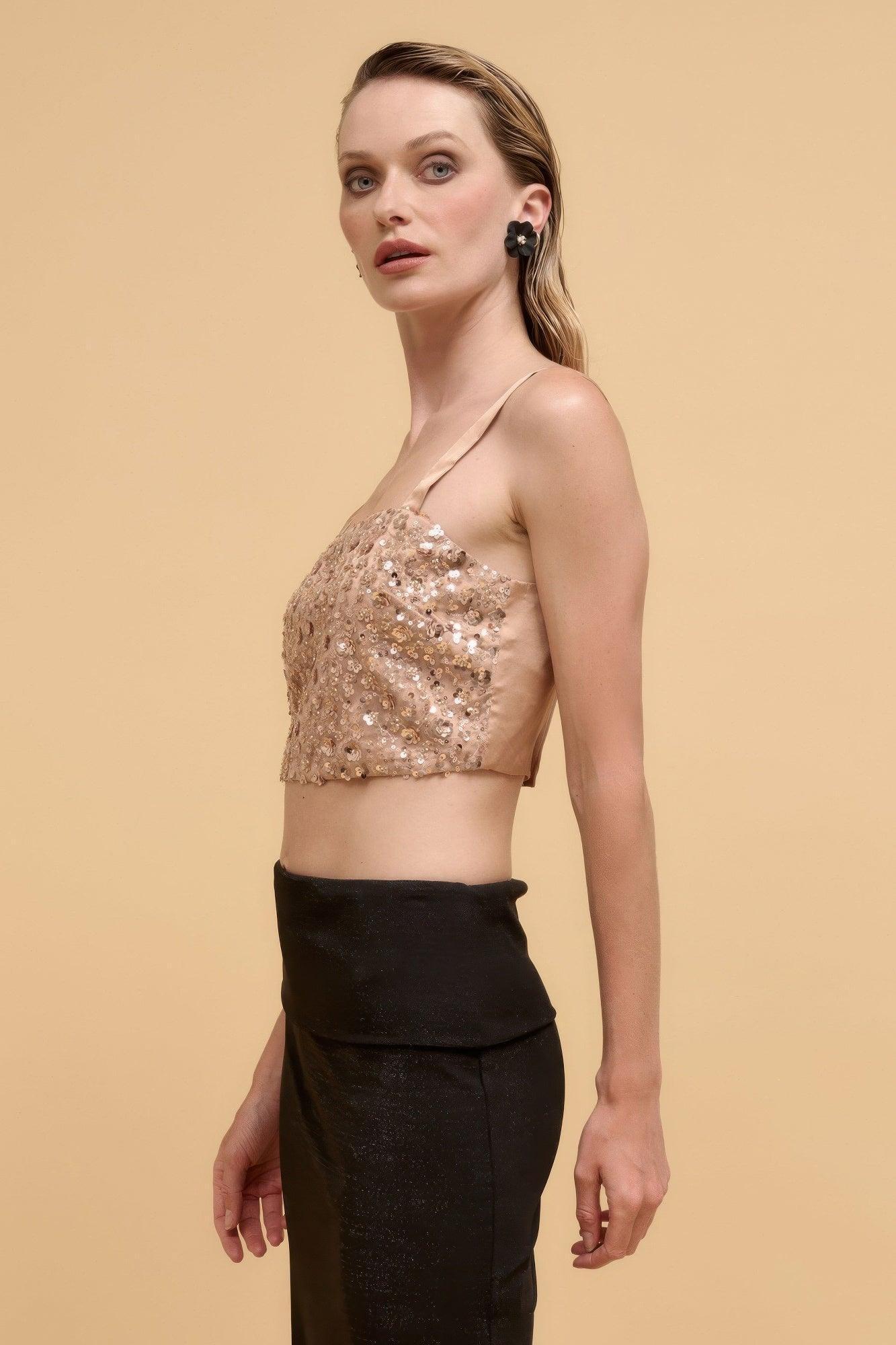 Floral sequins straight neck crop top | Mixtshop LLC