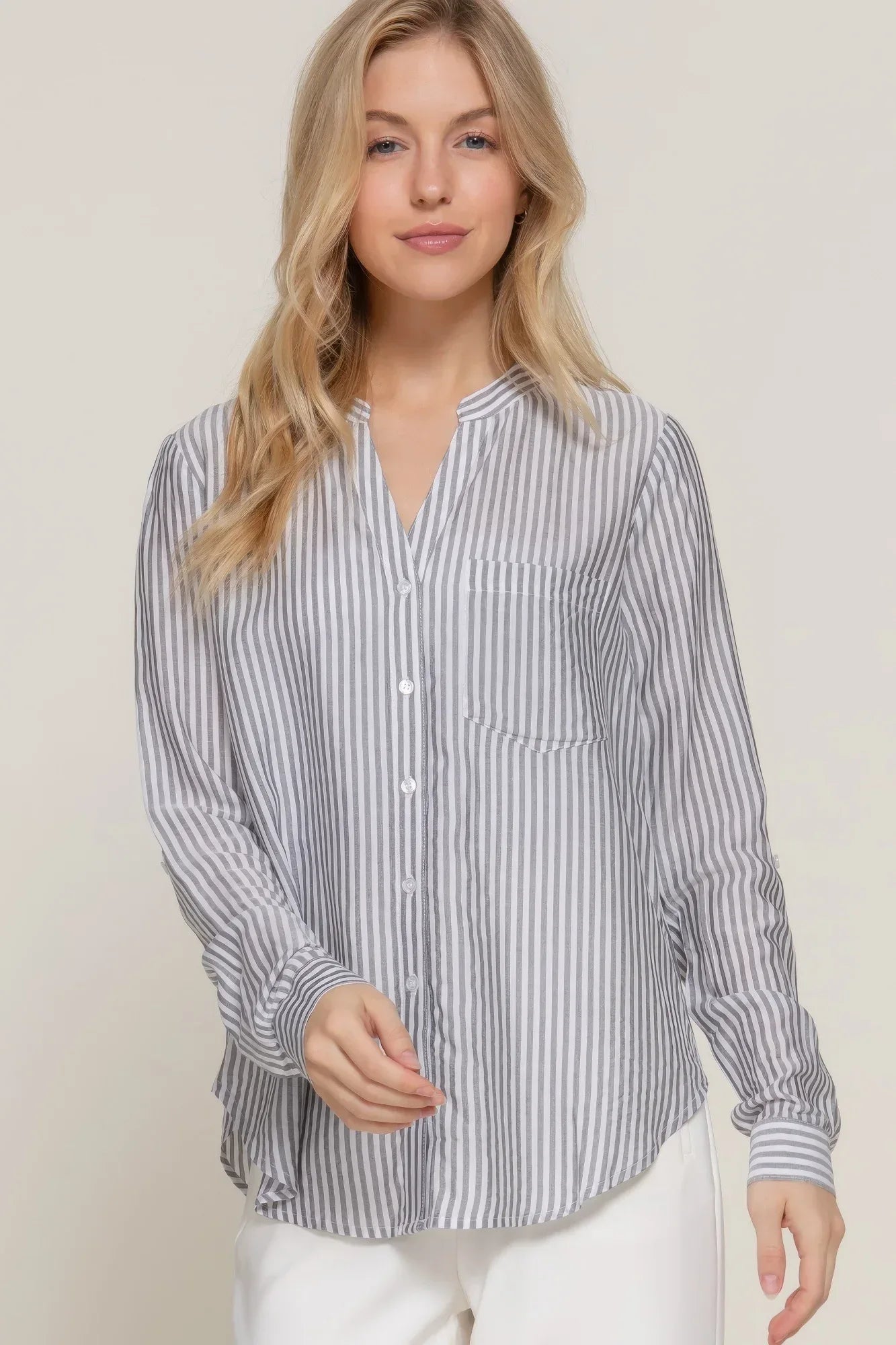 Long Slv Split Round Neck Stripe Woven Shirt | Mixtshop LLC Main image
