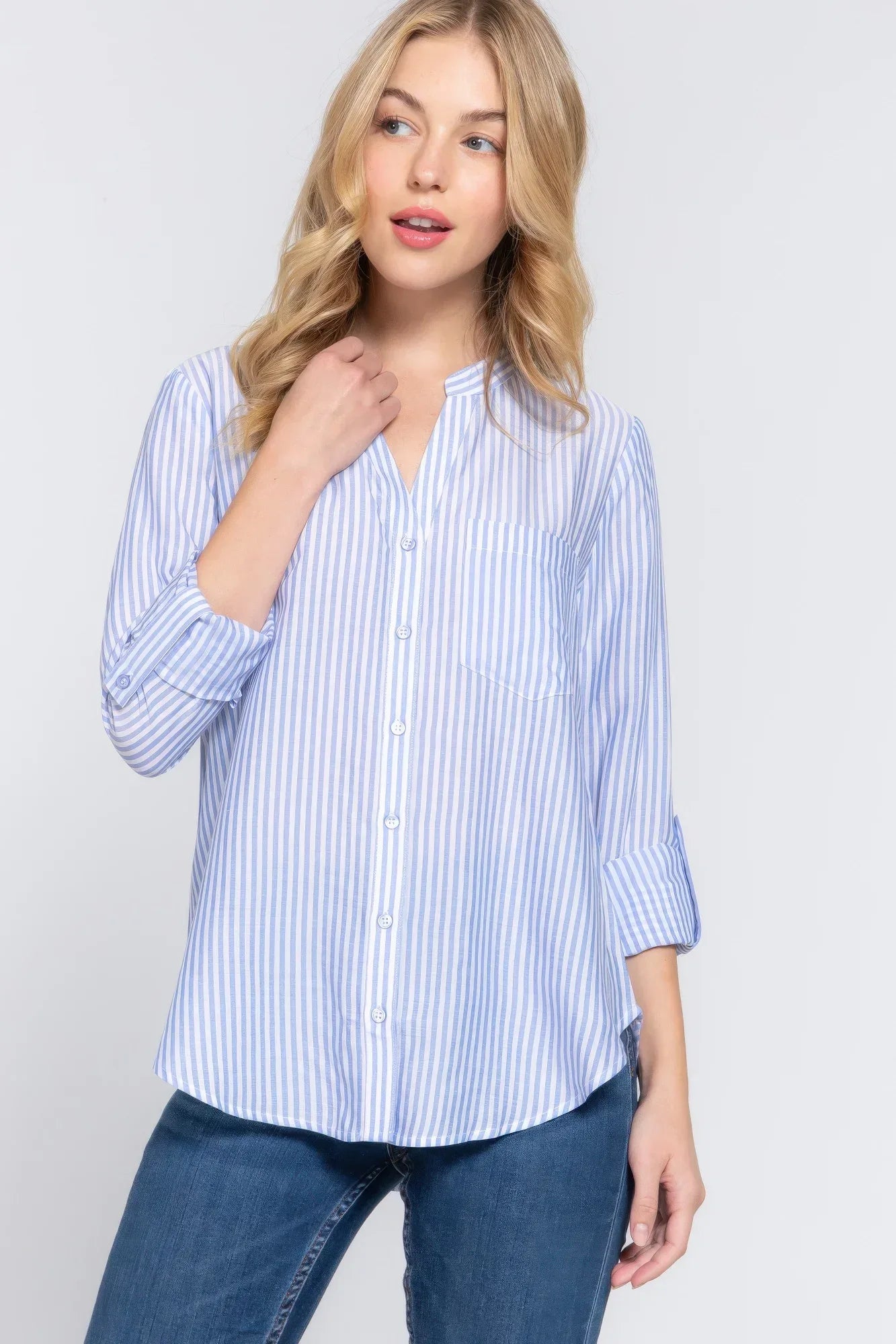 Long Slv Split Round Neck Stripe Woven Shirt | Mixtshop LLC Main image