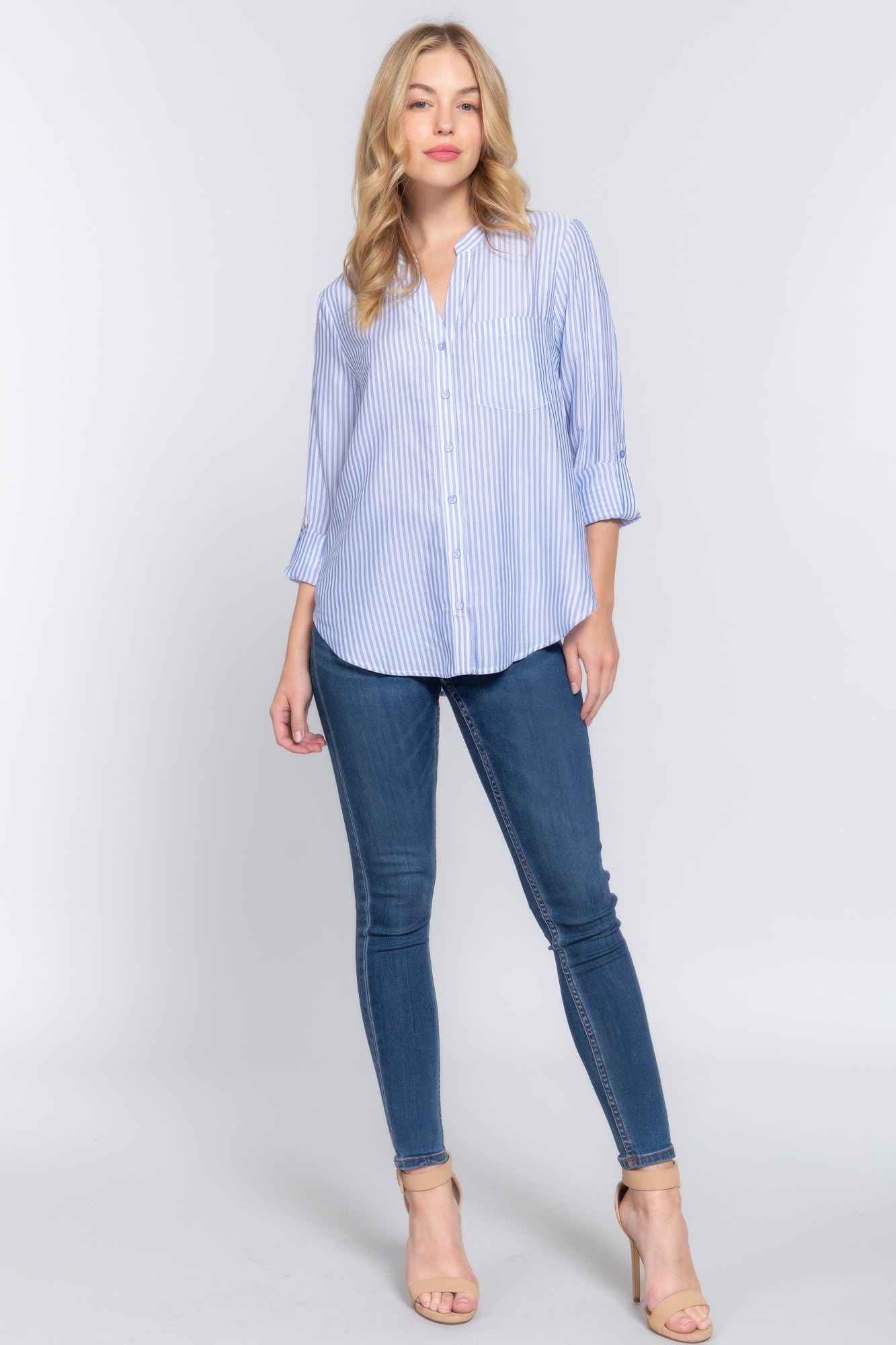 Long Slv Split Round Neck Stripe Woven Shirt | Mixtshop LLC