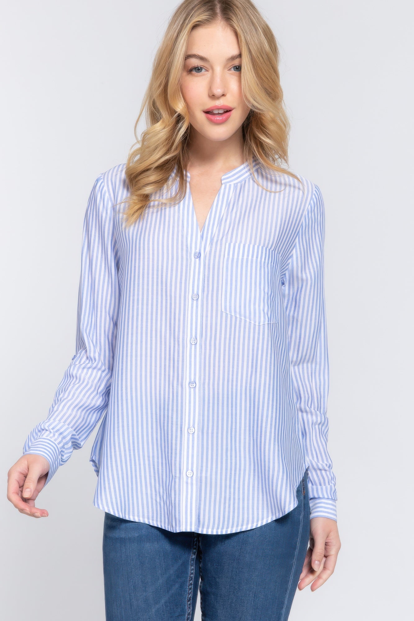 Long Slv Split Round Neck Stripe Woven Shirt | Mixtshop LLC