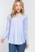 Long Slv Split Round Neck Stripe Woven Shirt | Mixtshop LLC